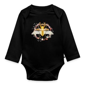 goldfarbener Hirschkäfer mit Krone und Blüten - Baby Bio-Langarm-Body - Schwarz - Vorne