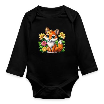 Renard amoureux des fleurs - Body Bébé bio manches longues - noir - Devant