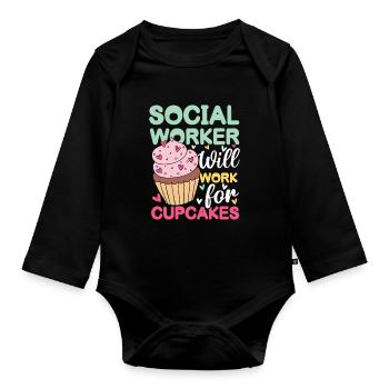 Social Worker Will Work For Cupcakes - Baby Bio-Langarm-Body - Schwarz - Vorne