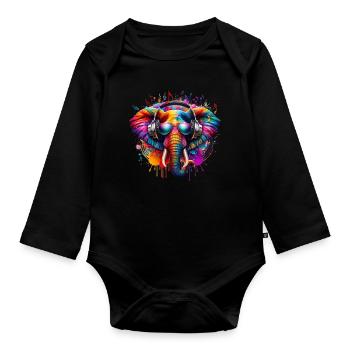 Bunter Elefant mit Kopfhörern - Baby Bio-Langarm-Body - Schwarz - Vorne