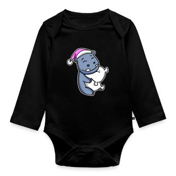 Hippopotamus Tired Sleeping Sleeping Girl - Organic Longsleeve Baby Bodysuit - black - Front