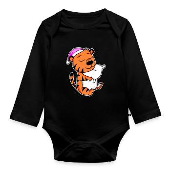Tiger Tired Sleeping Sleeping Girl - Organic Longsleeve Baby Bodysuit - black - Front