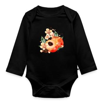 Demi-pêche, pêches, feuilles et fleurs de pêcher - Body Bébé bio manches longues - noir - Devant