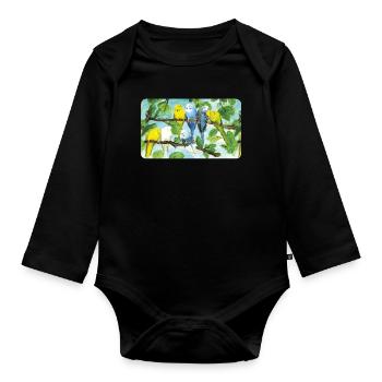 Budgies on a tree - pastel chalk - Organic Longsleeve Baby Bodysuit - black - Front