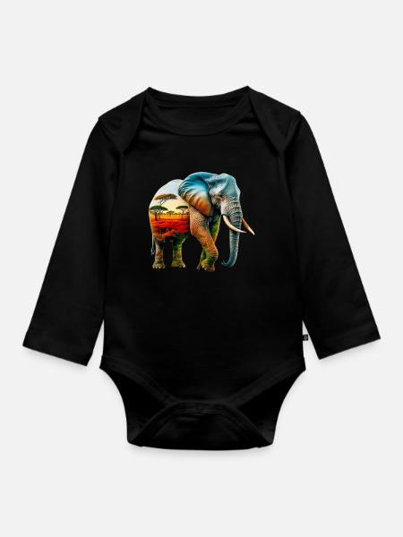 Elefant - Baby Bio-Langarm-Body - Schwarz