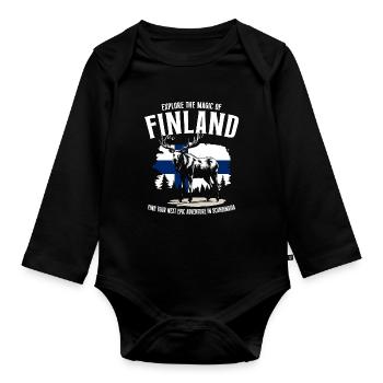 Finnland Abenteuer: Elch und finnische Flagge - Baby Bio-Langarm-Body - Schwarz - Vorne