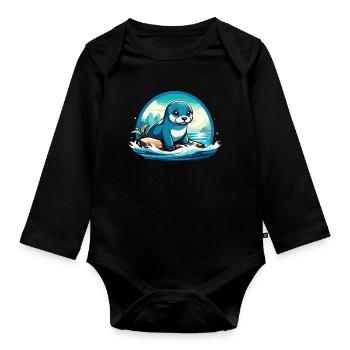 Robbe auf Felsen - Baby Bio-Langarm-Body - Schwarz - Vorne