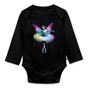 Ballerina mit Schmetterlingsflügeln, Schmetterlingen, Tutu - Baby Bio-Langarm-Body - Schwarz - Vorne