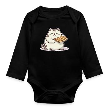 Dicke weiße Katze liebt ihre Pizza über alles - Baby Bio-Langarm-Body - Schwarz - Vorne