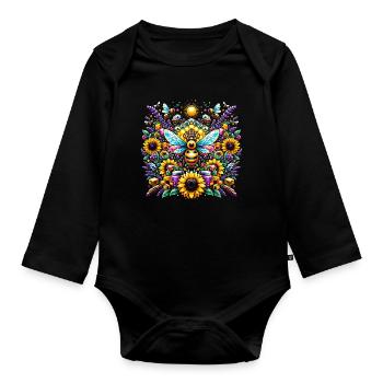 Vibrant, colorful artwork with bees - Organic Longsleeve Baby Bodysuit - black - Front