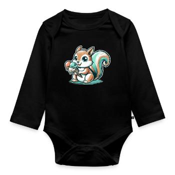 Cute cartoon squirrel with ice cream - Organic Longsleeve Baby Bodysuit - black - Front