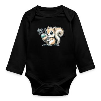 Cute cartoon squirrel with ice cream - Organic Longsleeve Baby Bodysuit - black - Front