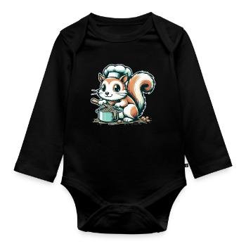Cute cartoon squirrel cooking spaghetti - Organic Longsleeve Baby Bodysuit - black - Front