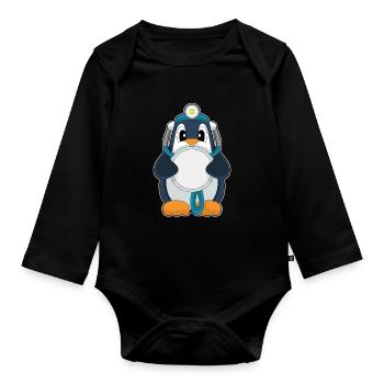 Pinguin Arzt Stethoskop - Baby Bio-Langarm-Body - Schwarz - Vorne