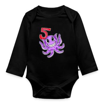 5th Birthday Motif Octopus - Five Years Old - Organic Longsleeve Baby Bodysuit - black - Front