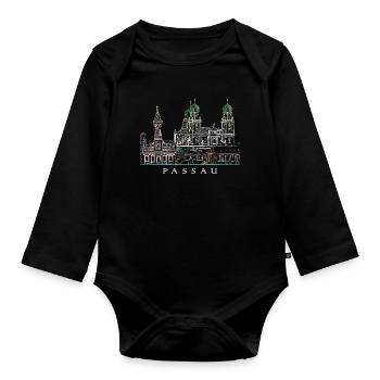 Passau Danube View, Bavaria, Germany, Drawing - Organic Longsleeve Baby Bodysuit - black - Front