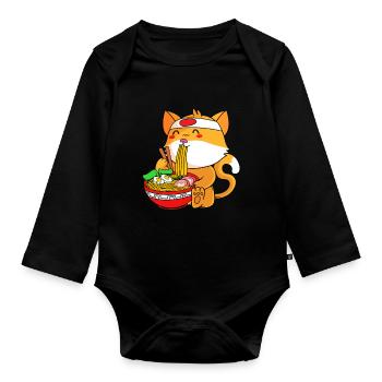 Maneki Neko Japan Glücksbringer - Baby Bio-Langarm-Body - Schwarz - Vorne