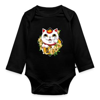Porte-bonheur Maneki Neko Japon - Body Bébé bio manches longues - noir - Devant