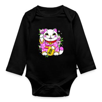 Porte-bonheur Maneki Neko Japon - Body Bébé bio manches longues - noir - Devant