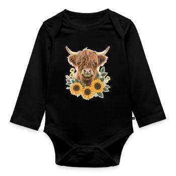 Bovins des Highlands avec des fleurs - Body Bébé bio manches longues - noir - Devant