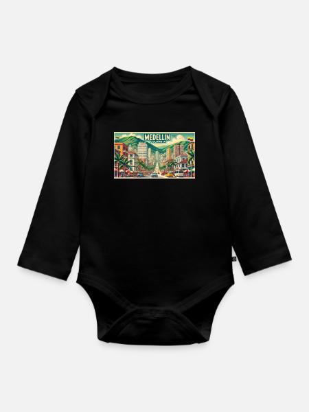 Medellin Columbia Vintage Design - Organic Longsleeve Baby Bodysuit - black