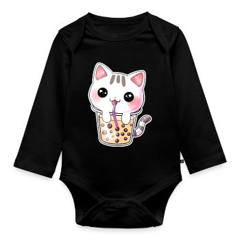 Kawaii Bubble Tea Katze - Baby Bio-Langarm-Body - Schwarz - Vorne