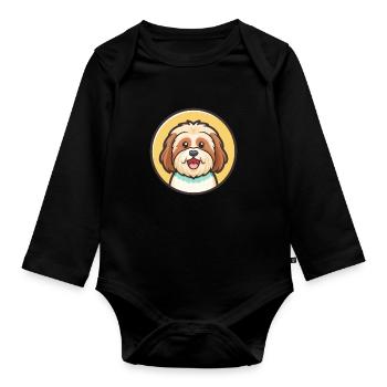 Tibetische Kyi Apso Hunderasse Cartoon Kawaii Clipart - Baby Bio-Langarm-Body - Schwarz - Vorne