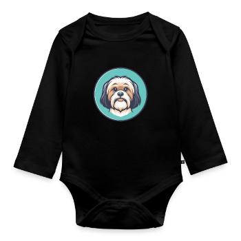 Tibetische Kyi Apso Hunderasse Cartoon Kawaii Clipart - Baby Bio-Langarm-Body - Schwarz - Vorne