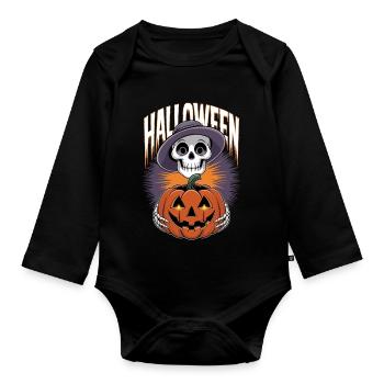 Squelette d’Halloween avec citrouille lanterne - Body Bébé bio manches longues - noir - Devant