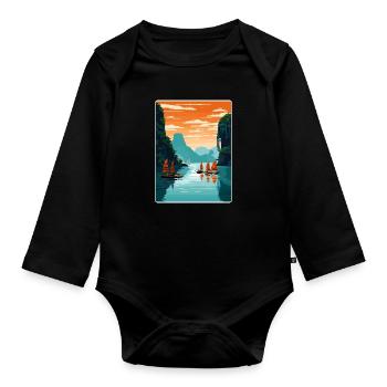 Ha Long Bay Vietnam Islands Travel Poster Souvenir - Organic Longsleeve Baby Bodysuit - black - Front