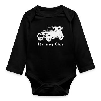 Vintage car motif with lettering - Organic Longsleeve Baby Bodysuit - black - Front