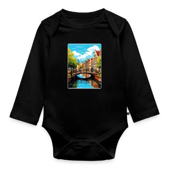Amsterdam Netherlands Travel Poster Souvenir WPA - Organic Longsleeve Baby Bodysuit - black - Front