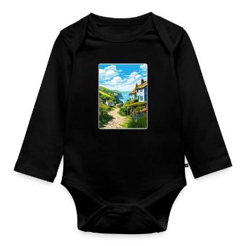 Cadgwith Cornwall England Reiseposter Souvenir - Baby Bio-Langarm-Body - Schwarz - Vorne