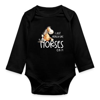 J’aime vraiment les chevaux cheval de dessin animé - Body Bébé bio manches longues - noir - Devant