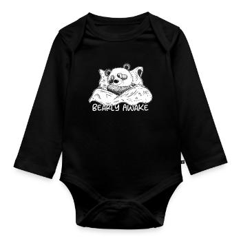 Panda Bear Sleeps With Saying Bearly Awake - Organic Longsleeve Baby Bodysuit - black - Front