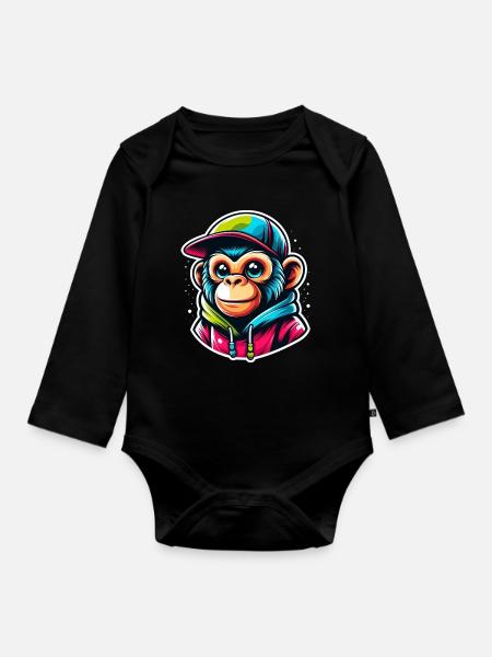 Affe Hoodie Cap - Baby Bio-Langarm-Body - Schwarz