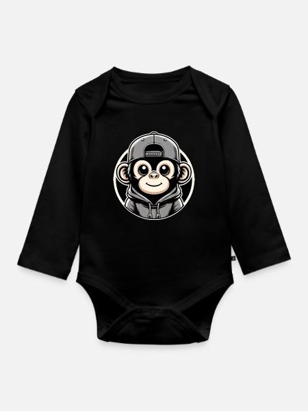 Affe Hoodie Cap rund - Langærmet babybody, økologisk bomuld - sort
