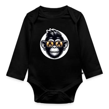 Affe Brille Palmen - Baby Bio-Langarm-Body - Schwarz - Vorne