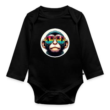 Affe Brille Palmen bunt - Baby Bio-Langarm-Body - Schwarz - Vorne