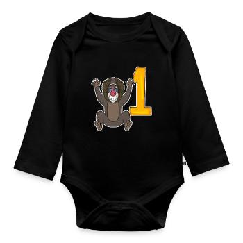 Number 1 Number One - Monkey Motif - Organic Longsleeve Baby Bodysuit - black - Front