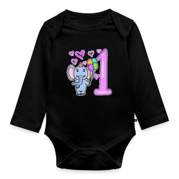 First Birthday Elephant with Balloons - Organic Longsleeve Baby Bodysuit - black - Front