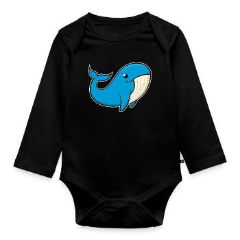 Cheerful image of a blue whale - Organic Longsleeve Baby Bodysuit - black - Front