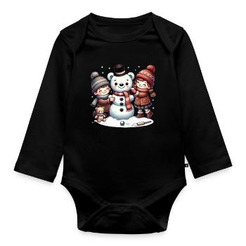 Winterspaß: Kinder bauen einen Teddy-Schneemann - Baby Bio-Langarm-Body - Schwarz - Vorne