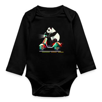 niedlichere Panda auf einem farbenfrohen Roller - Baby Bio-Langarm-Body - Schwarz - Vorne
