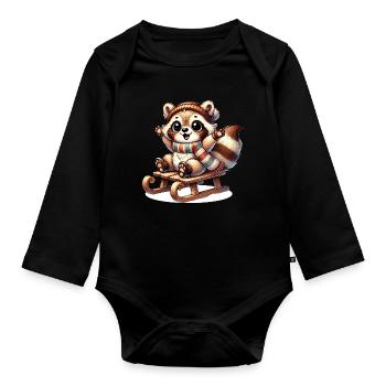 fröhlicher Waschbär auf Schlitten–Winterspaß-Motiv - Baby Bio-Langarm-Body - Schwarz - Vorne