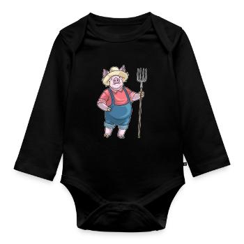 Schwein Landwirt Mistgabel Bauernhof - Baby Bio-Langarm-Body - Schwarz - Vorne