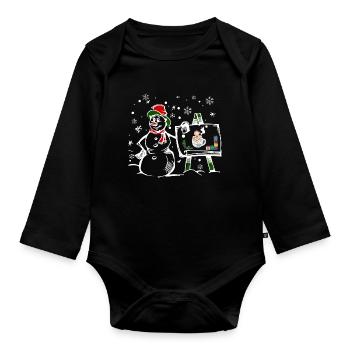 Snowman with Christmas window motif - Organic Longsleeve Baby Bodysuit - black - Front