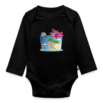 Sonne, Insel, Flugzeug, Palmen, Heißluftballon - Baby Bio-Langarm-Body - Schwarz - Vorne