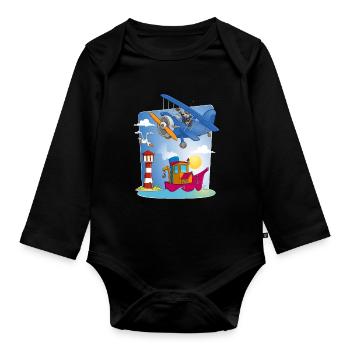 soleil, mer, avion, bateau phare et mouette - Body Bébé bio manches longues - noir - Devant