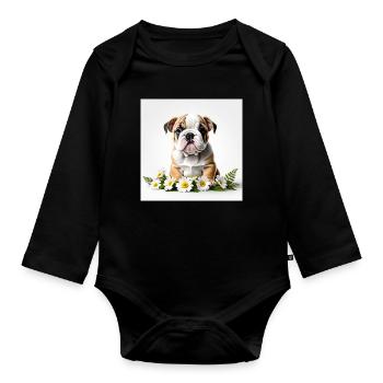Cute Bulldog Puppy with Flowers - Organic Longsleeve Baby Bodysuit - black - Front